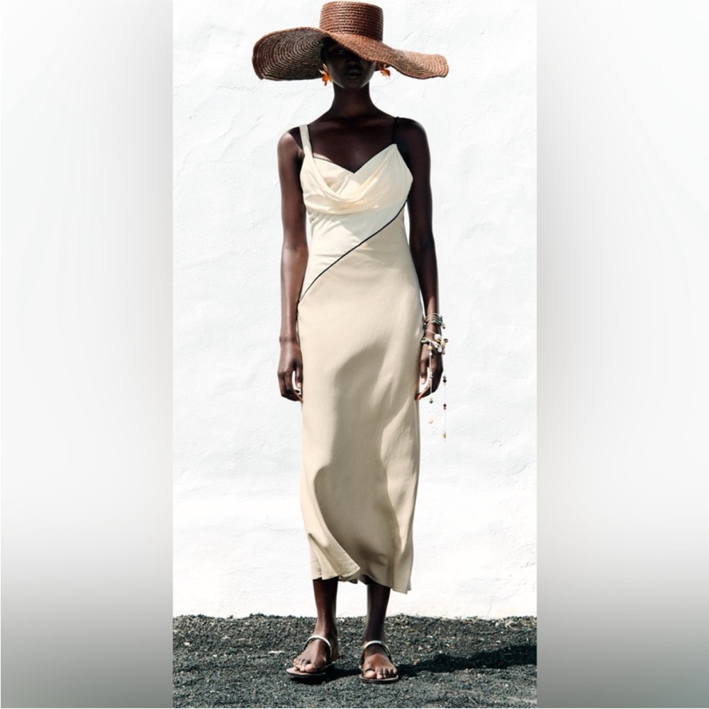NWT Zara Linen corset Cream and black Spaghetti Strap Slip Midi Dress